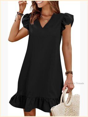 V Neck Cap Sleeve Ruffle Hem Smock Casual Beach Dress